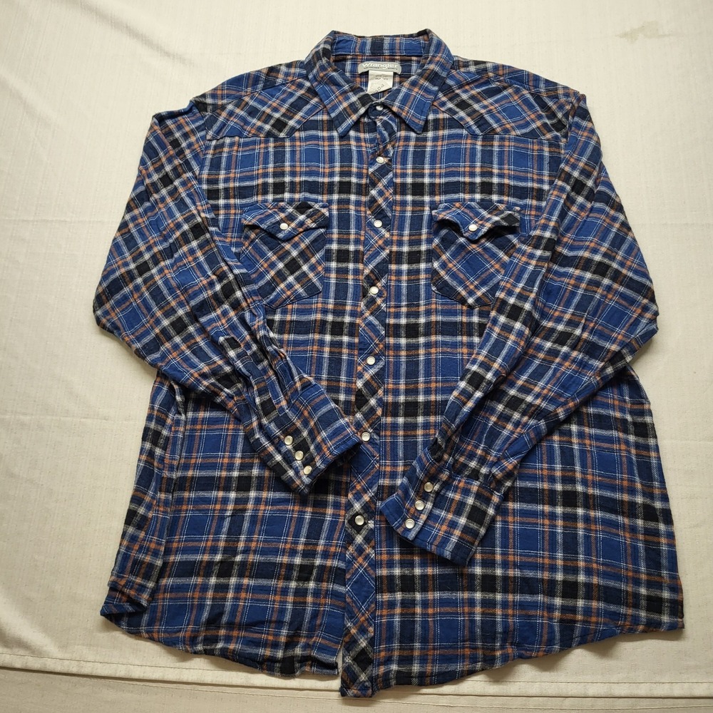 Wrangler Pearl Snap Wrancher Shirt Flannel Mens 2XL Blue Plaid Western Cowboy